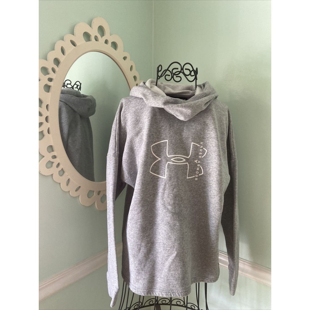 Under Armour Medium Gray White Cowl Neck Logo Hoodie Sweat shirt pullover